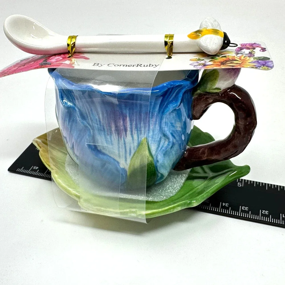 Set of 2 CornerRuby Garden Collection Teacups + Saucer Spoon Blue Red New *Read